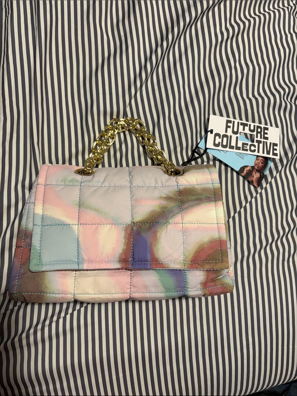 Future Collective Pastel Iridescent Quilted Shoulder Bag with Gold Chain